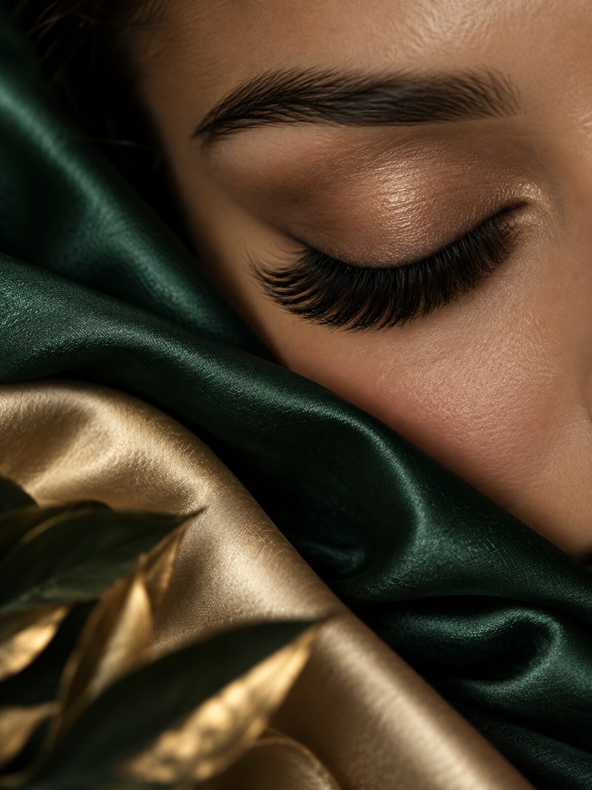 Imagem ilustrativa gerada por computador: olhar com cílios de efeito volume sobre tecido verde e dourado